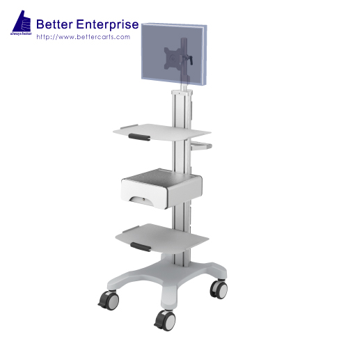 Mobile Equipment Cart with LCD Monitor Mount, 2 Shelves and Storage Drawer